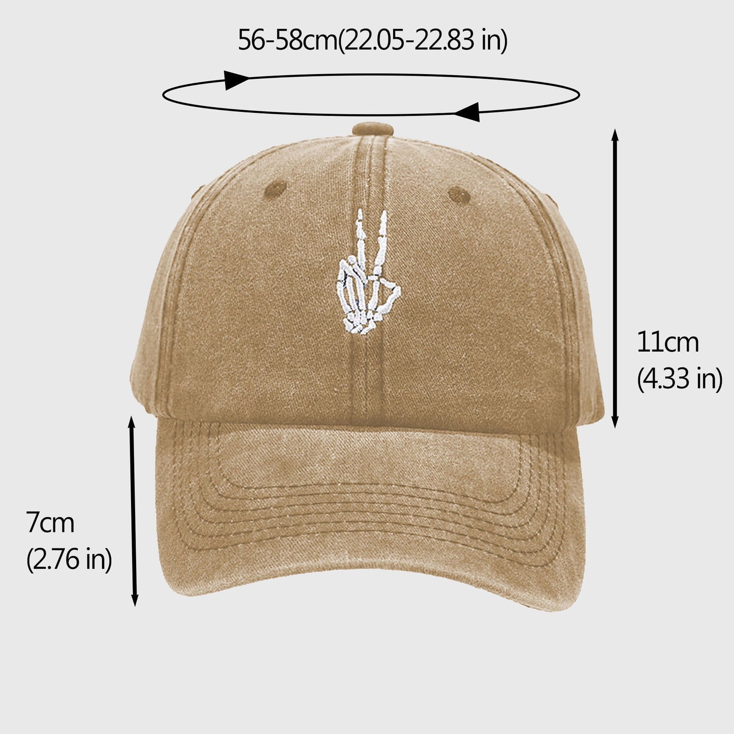 Vintage Washed Baseball Cap with Skeleton Peace Sign Embroidery