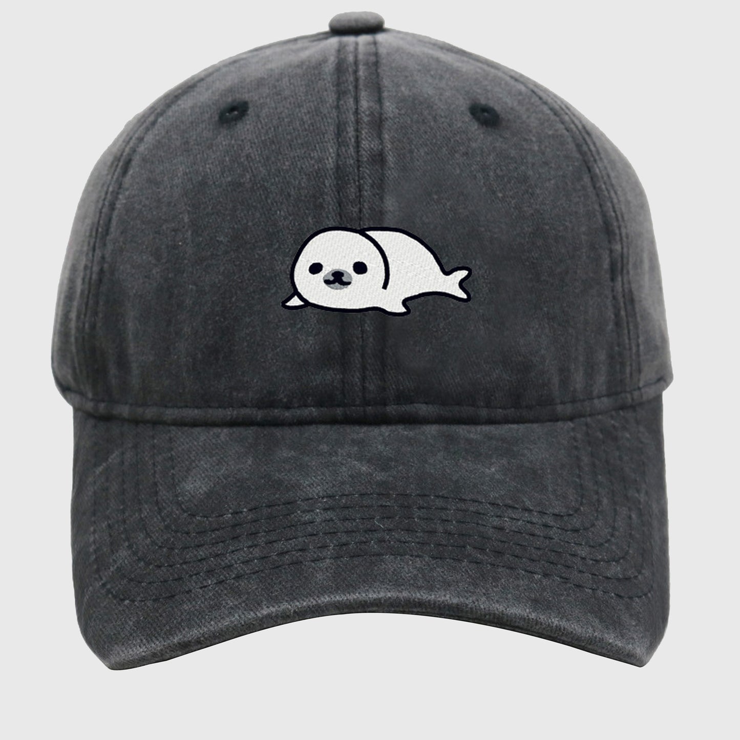 Vintage Washed Baseball Cap with Cute Seal Embroidery