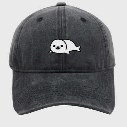 Vintage Washed Baseball Cap with Cute Seal Embroidery