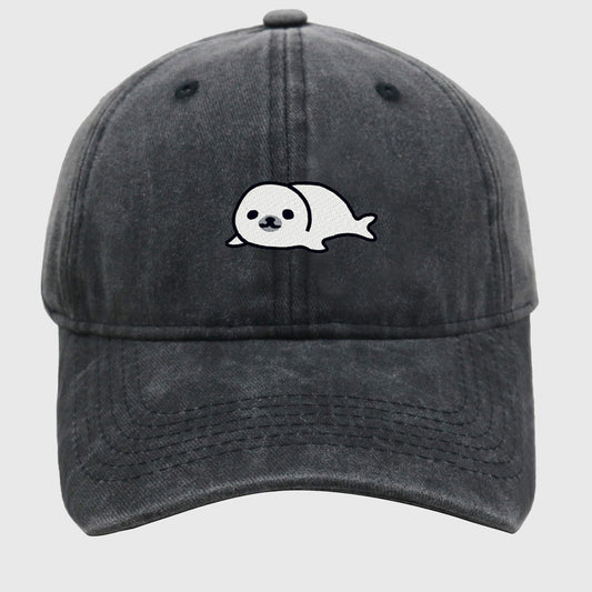 Vintage Washed Baseball Cap with Cute Seal Embroidery