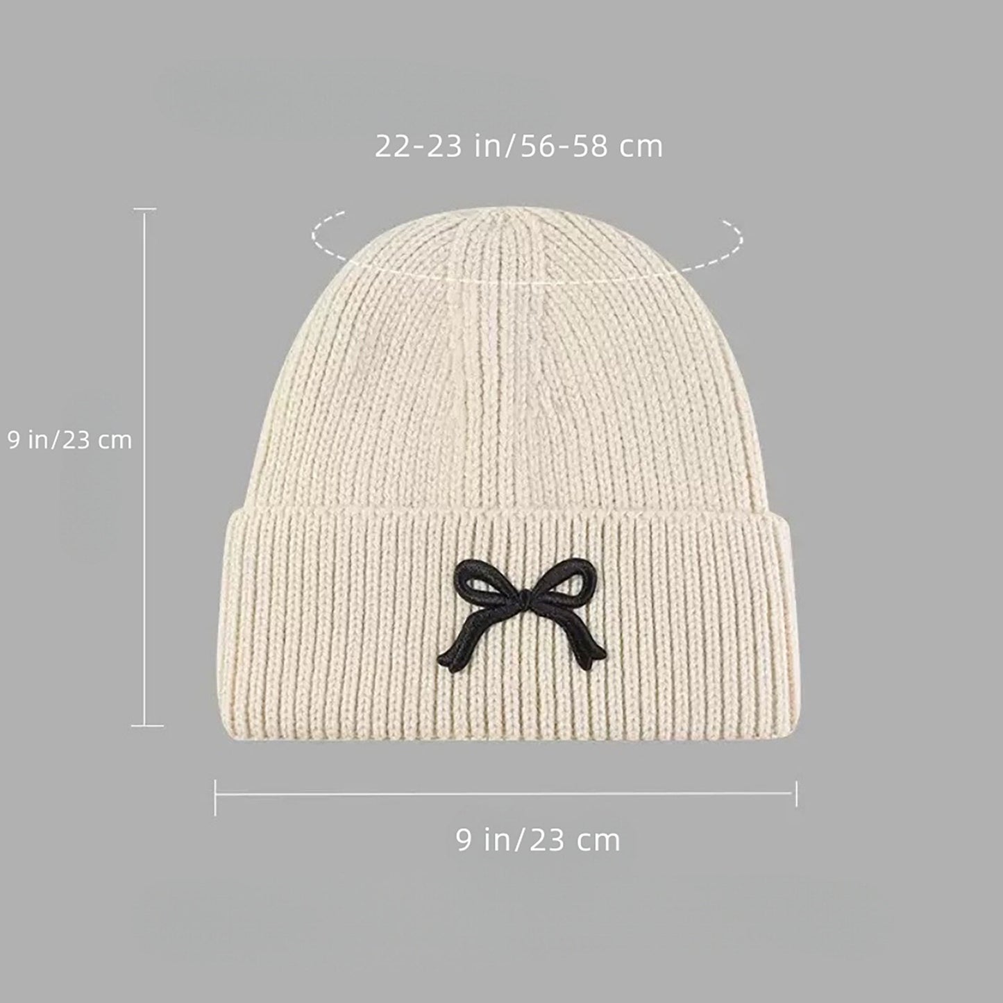 Ribbed Knit Beanie Hat with Folded Cuff and Embroidered Bow Detail