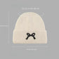 Ribbed Knit Beanie Hat with Folded Cuff and Embroidered Bow Detail