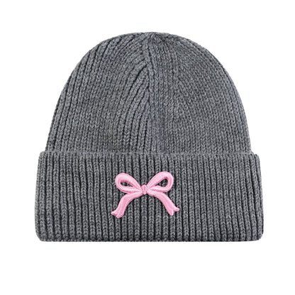 Ribbed Knit Beanie Hat with Folded Cuff and Embroidered Bow Detail