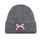 Ribbed Knit Beanie Hat with Folded Cuff and Embroidered Bow Detail