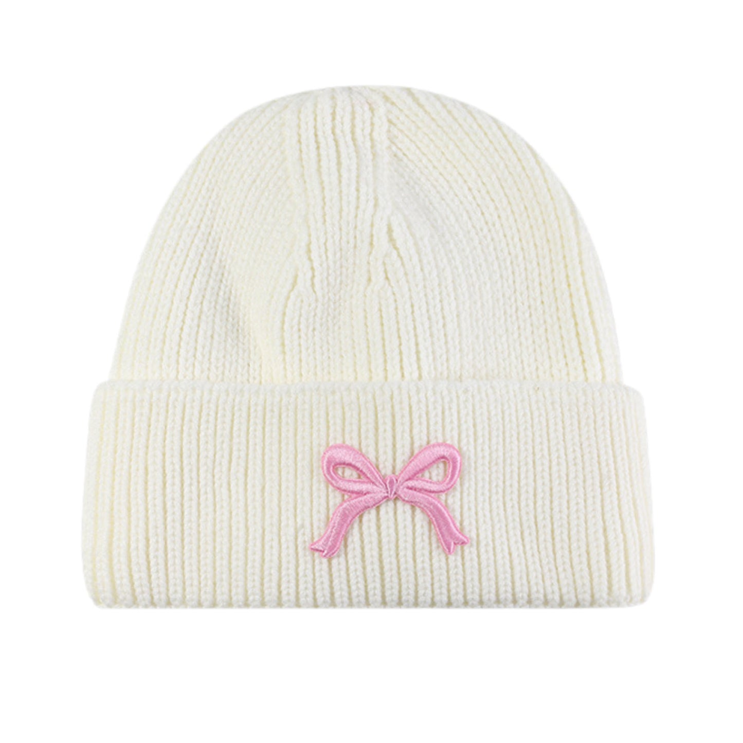 Ribbed Knit Beanie Hat with Folded Cuff and Embroidered Bow Detail