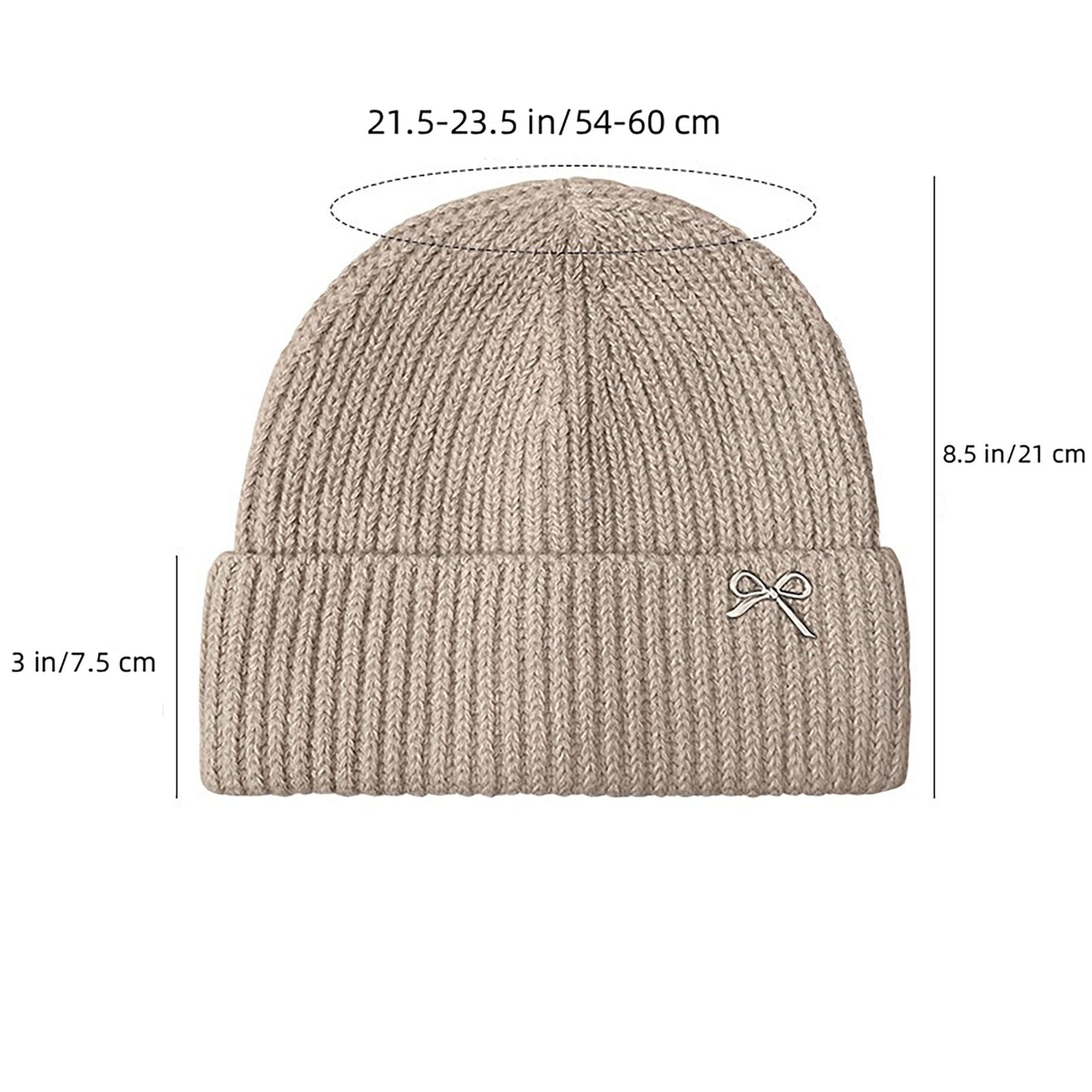 Ribbed Knit Beanie Hat with Folded Cuff and Metal Bow Accent