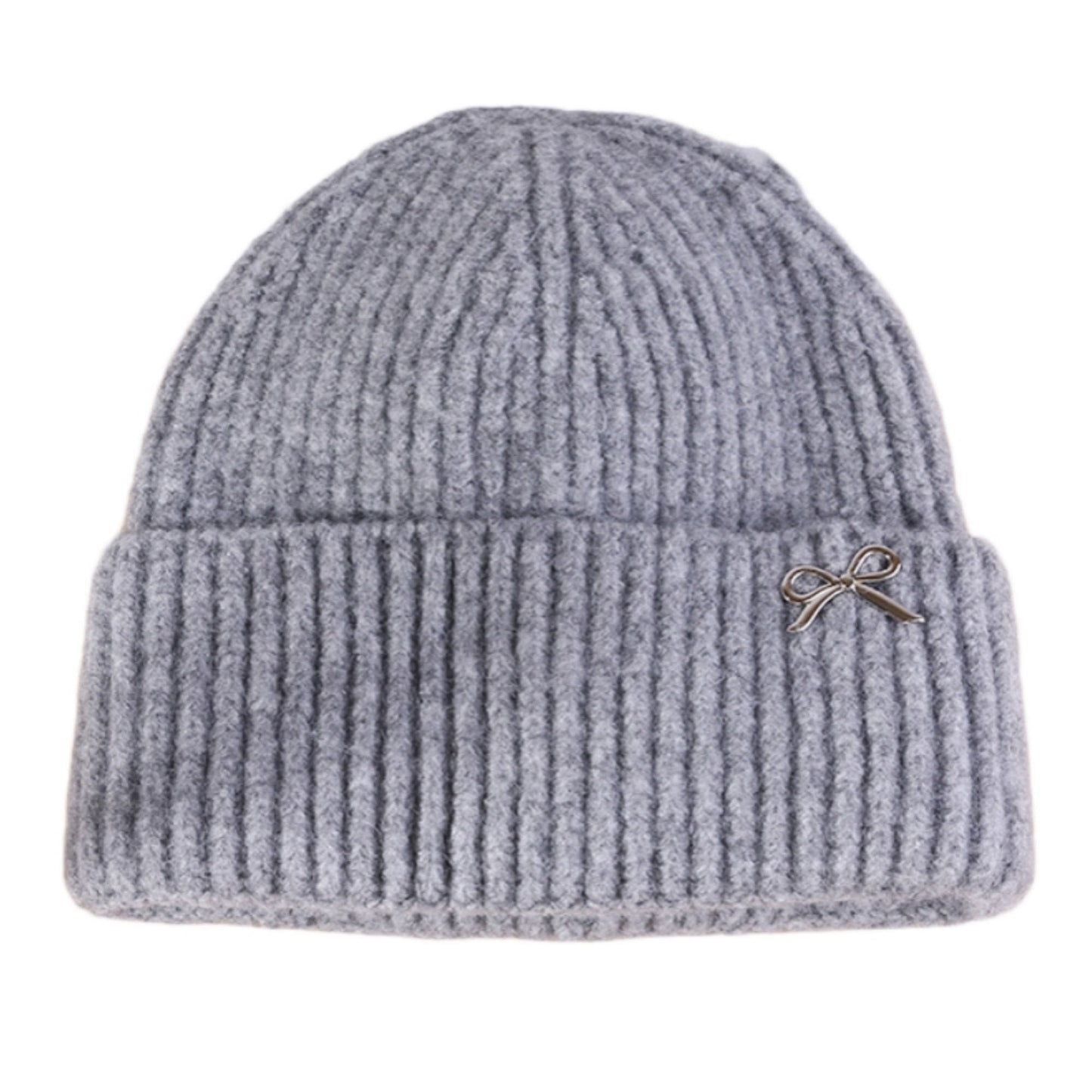 Ribbed Knit Beanie Hat with Folded Cuff and Metal Bow Accent