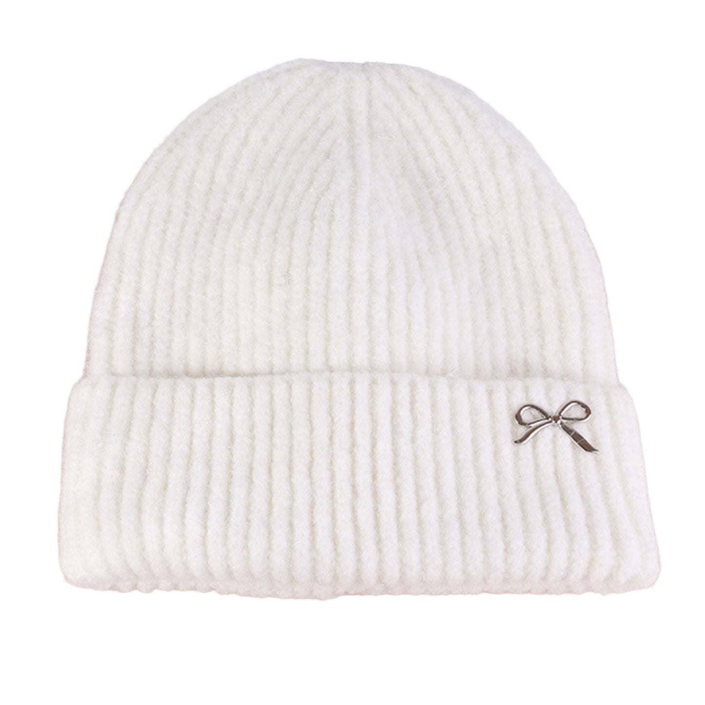 Ribbed Knit Beanie Hat with Folded Cuff and Metal Bow Accent