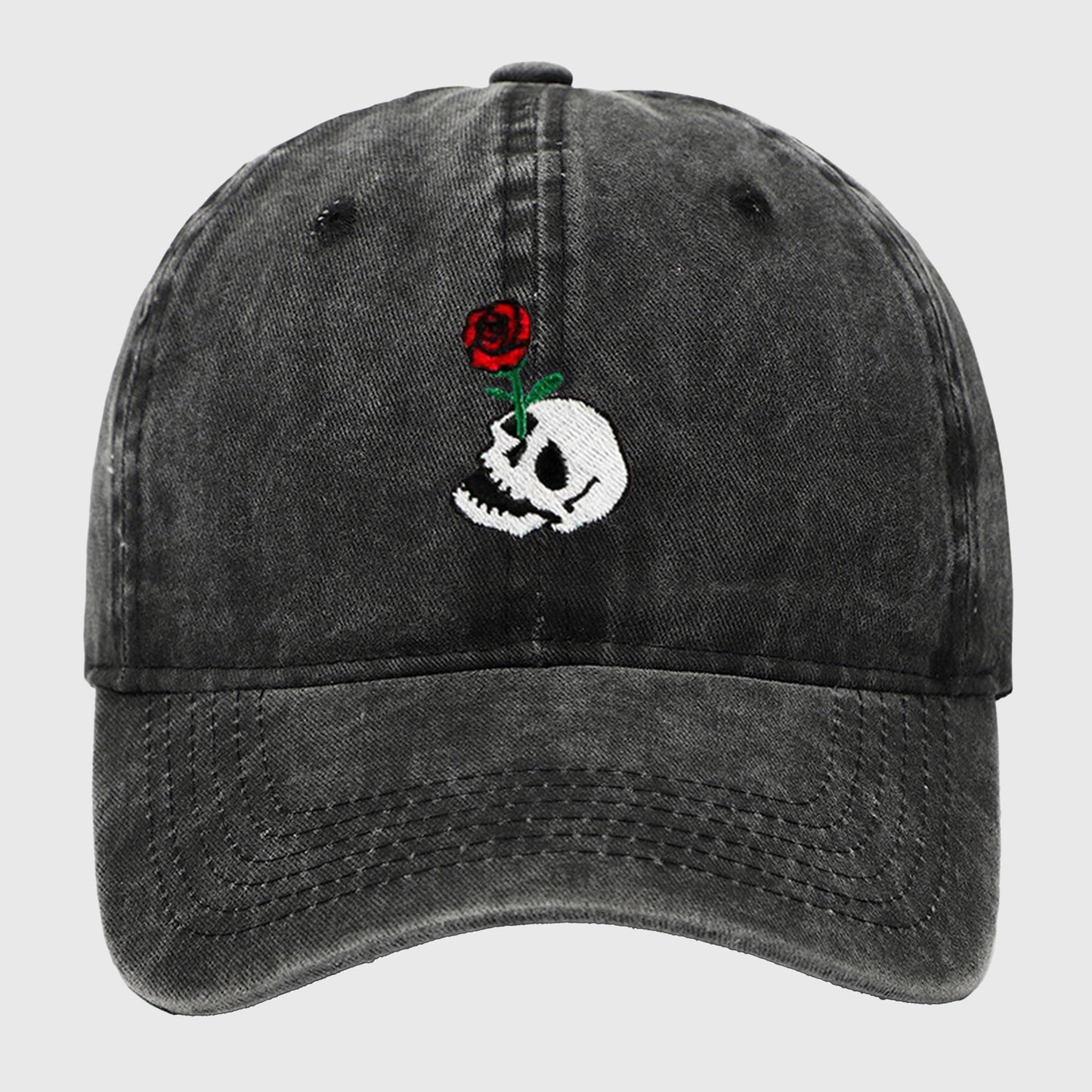 Vintage Washed Baseball Cap with Skull and Rose Embroidery