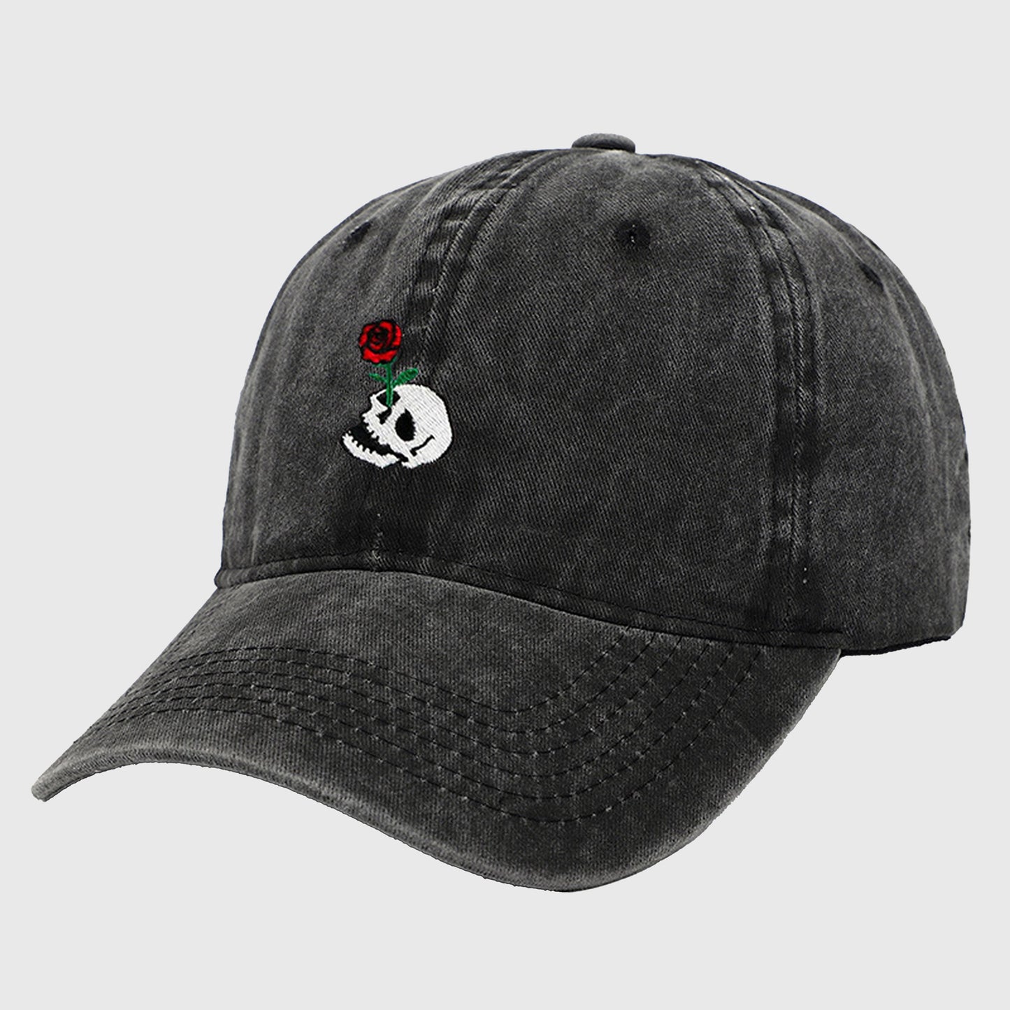 Vintage Washed Baseball Cap with Skull and Rose Embroidery