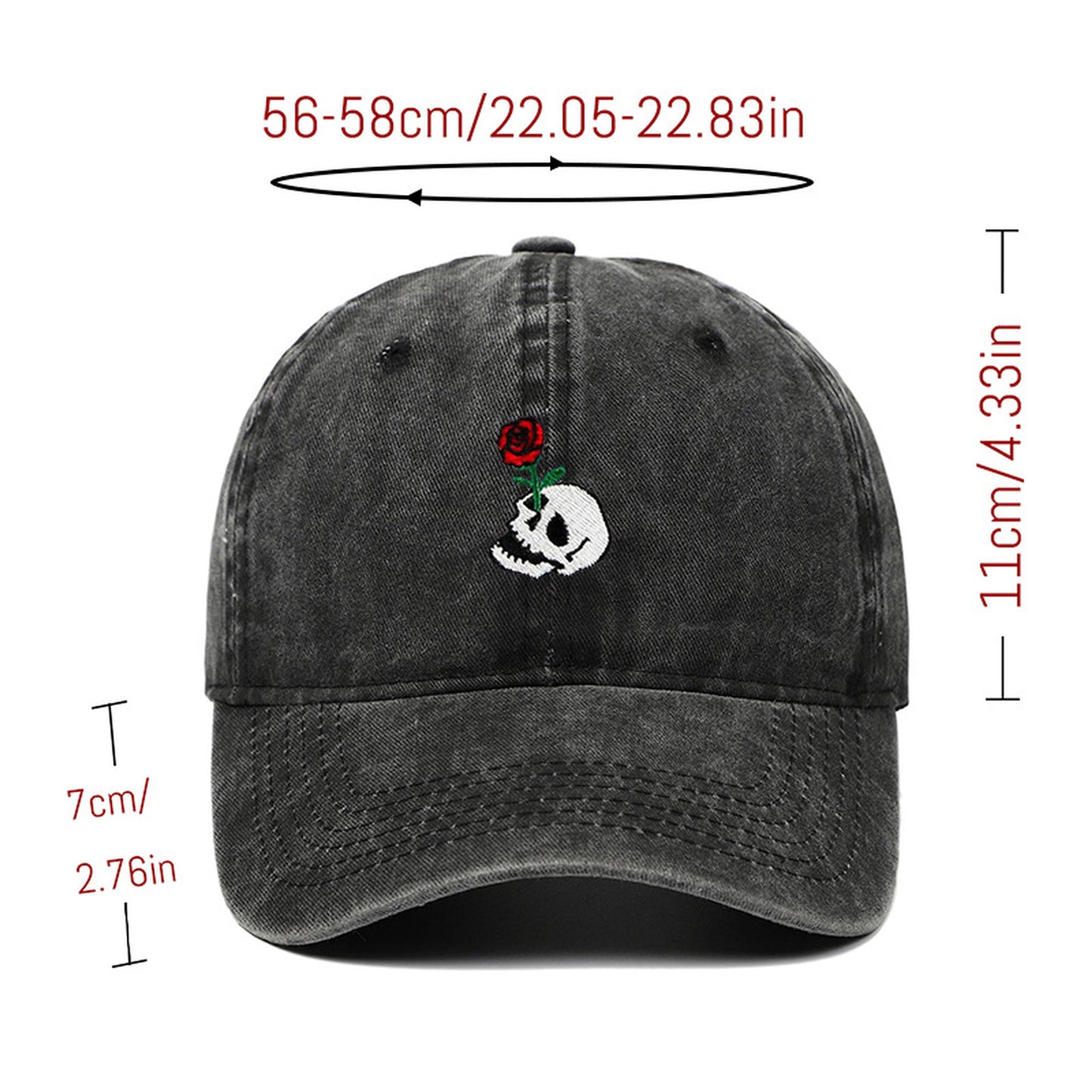Vintage Washed Baseball Cap with Skull and Rose Embroidery