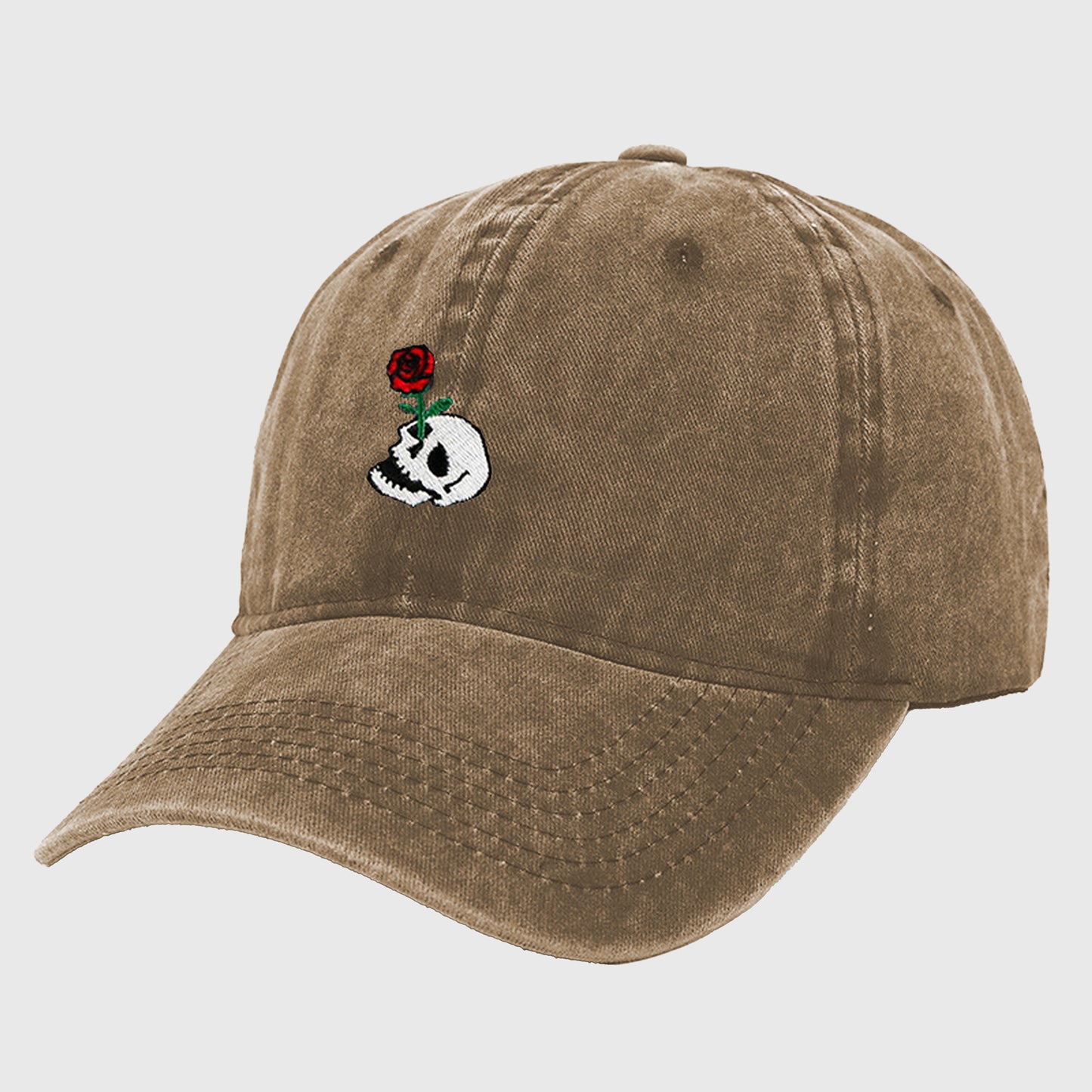 Vintage Washed Baseball Cap with Skull and Rose Embroidery