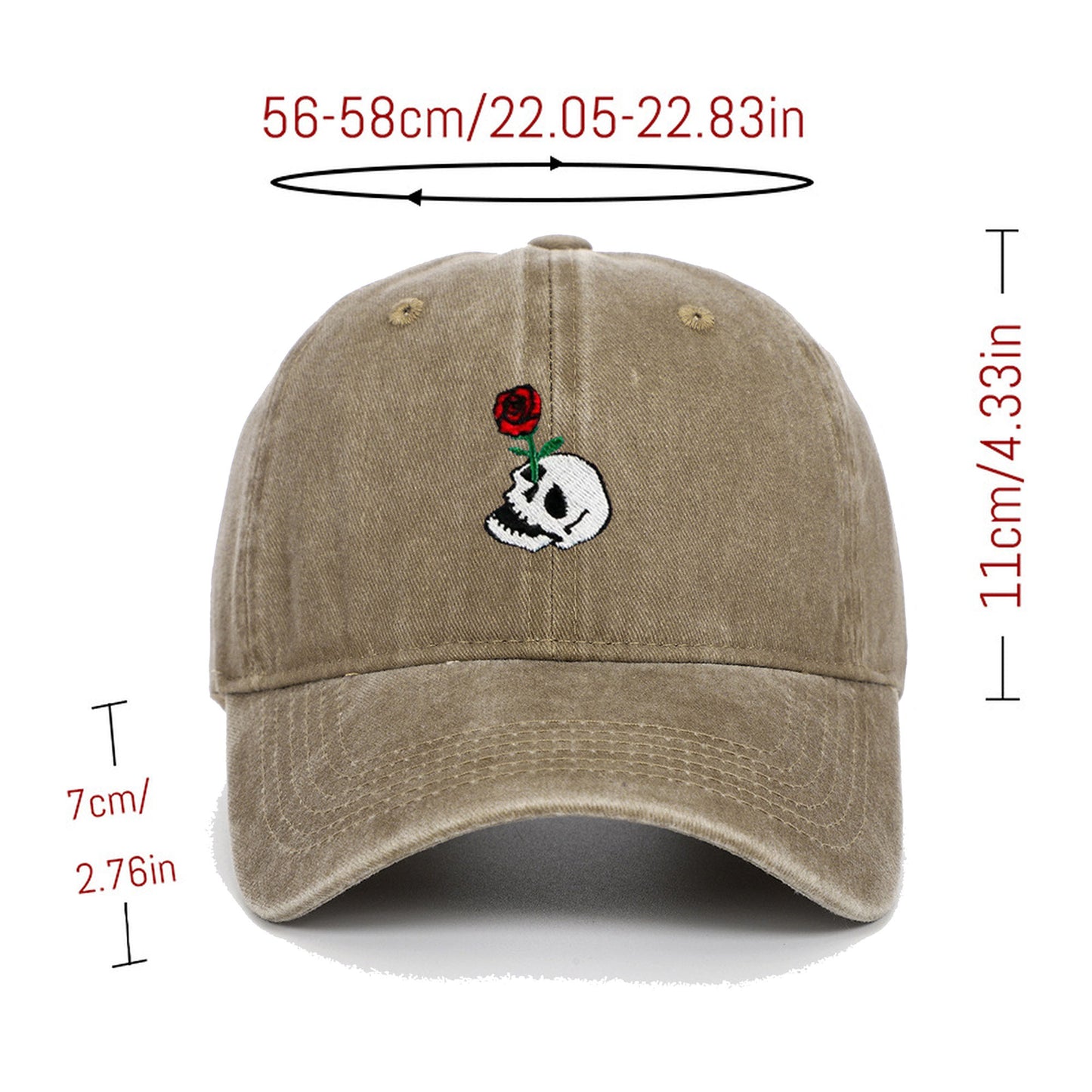 Vintage Washed Baseball Cap with Skull and Rose Embroidery