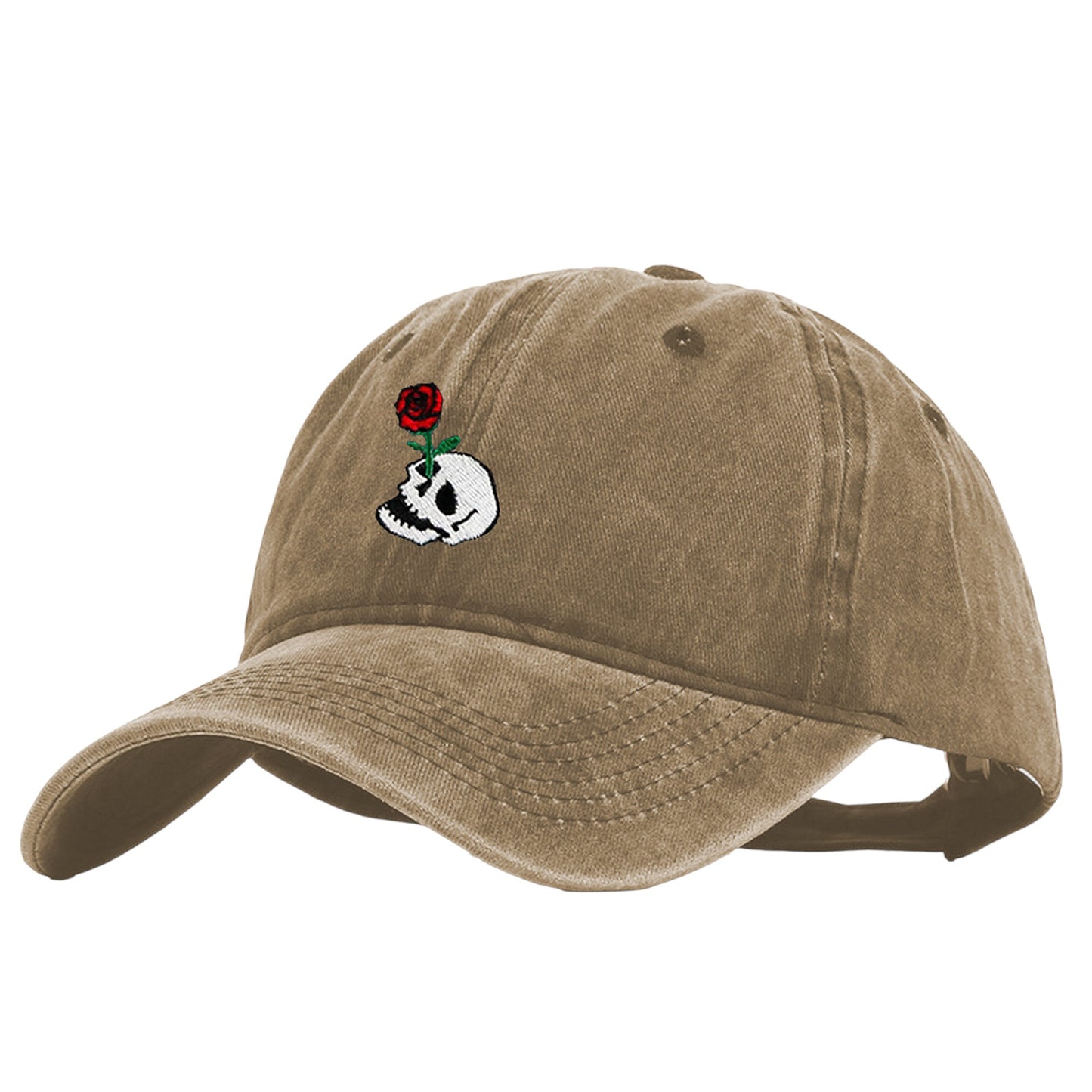 Vintage Washed Baseball Cap with Skull and Rose Embroidery