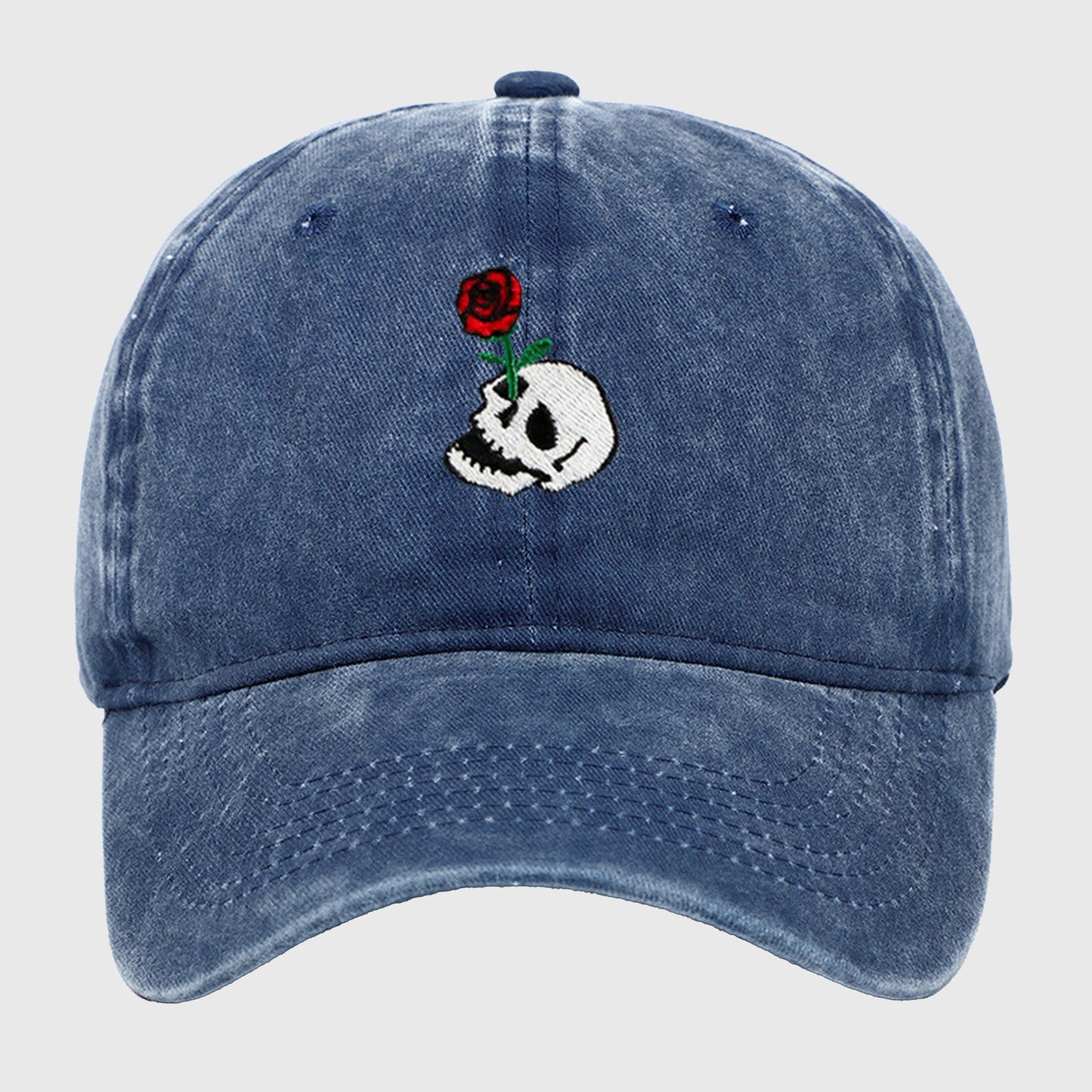 Vintage Washed Baseball Cap with Skull and Rose Embroidery