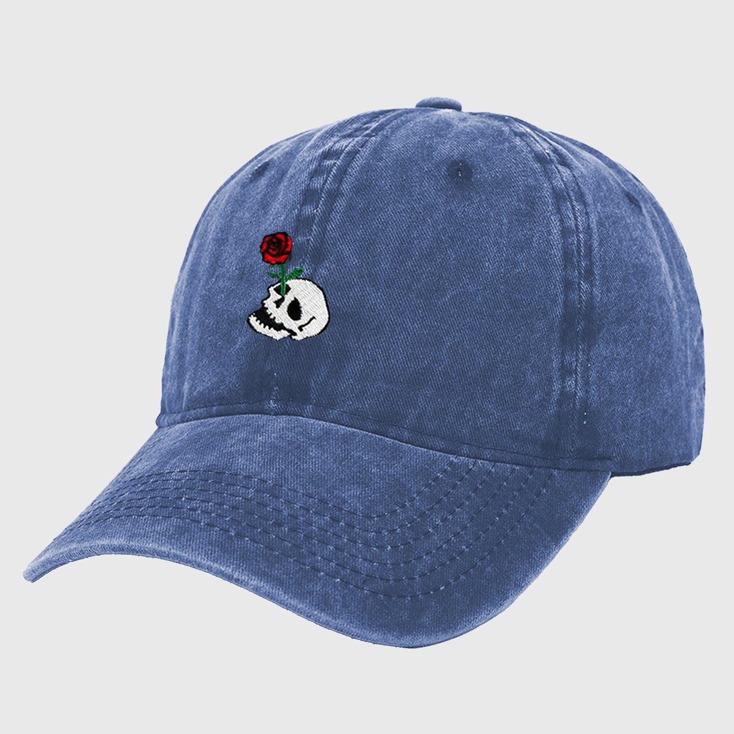 Vintage Washed Baseball Cap with Skull and Rose Embroidery