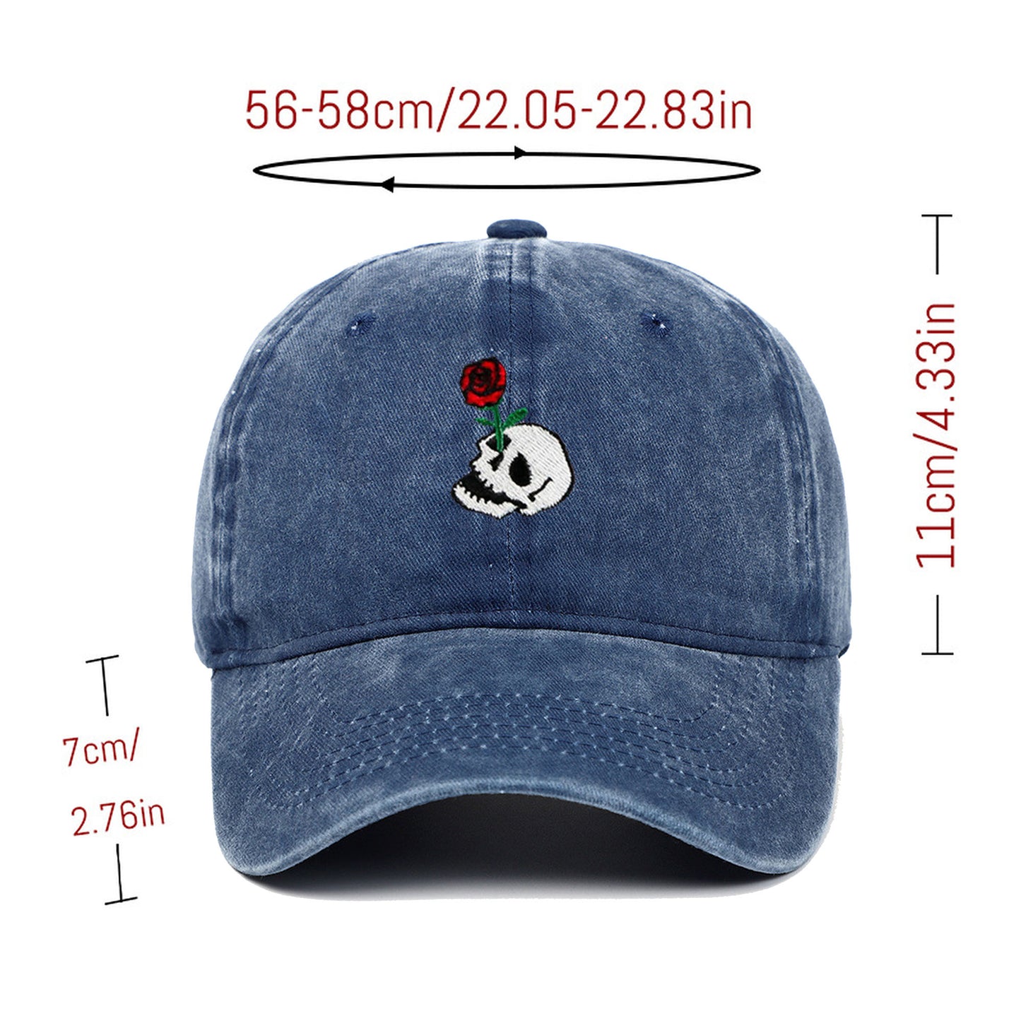Vintage Washed Baseball Cap with Skull and Rose Embroidery
