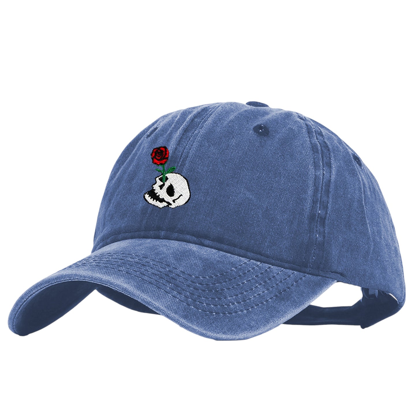 Vintage Washed Baseball Cap with Skull and Rose Embroidery