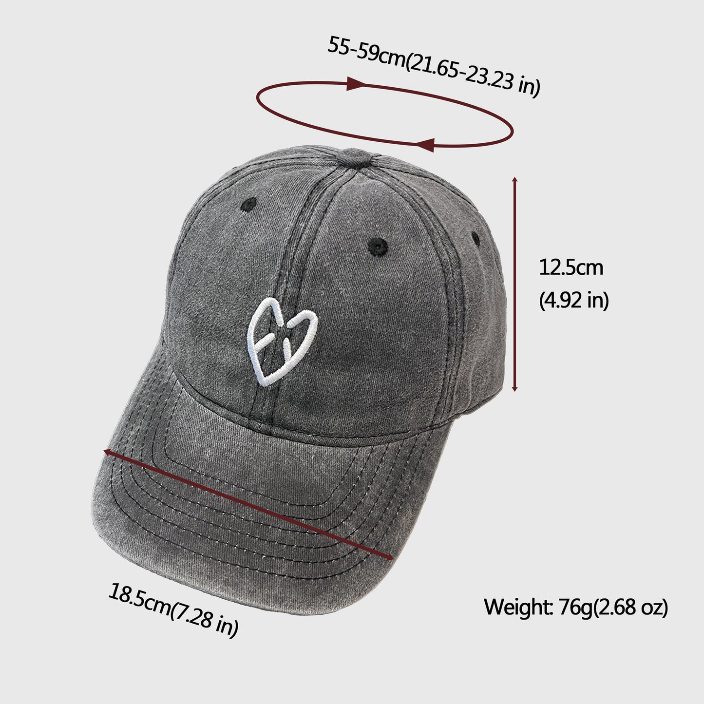 Coral Vintage Washed Baseball Cap with Heart Embroidery