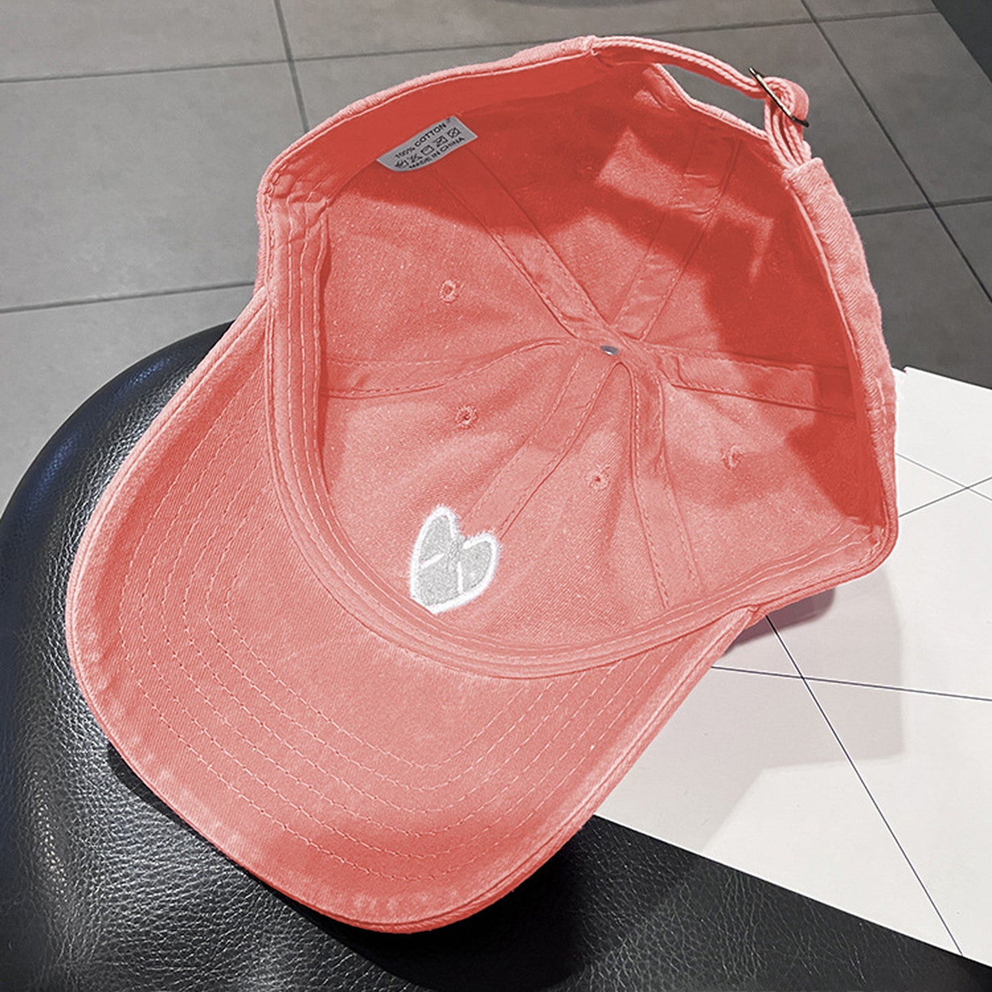 Coral Vintage Washed Baseball Cap with Heart Embroidery