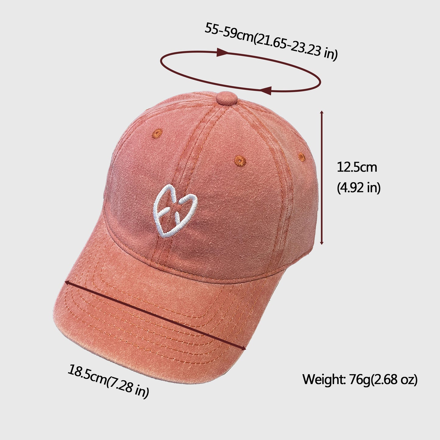 Coral Vintage Washed Baseball Cap with Heart Embroidery