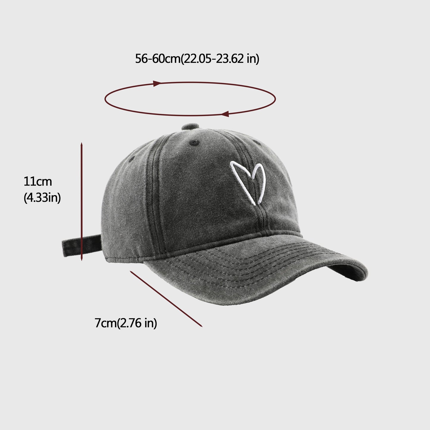 Vintage Washed Baseball Cap with Heart Embroidery