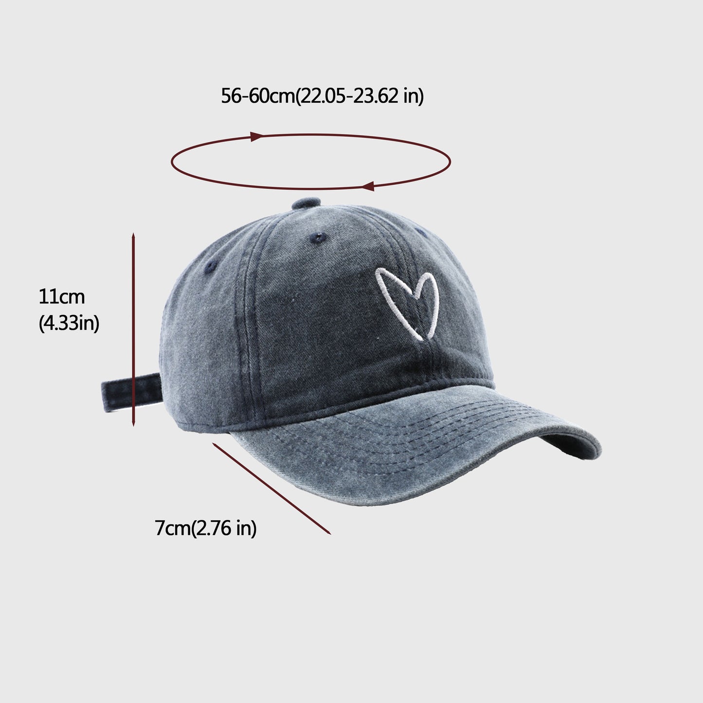 Vintage Washed Baseball Cap with Heart Embroidery