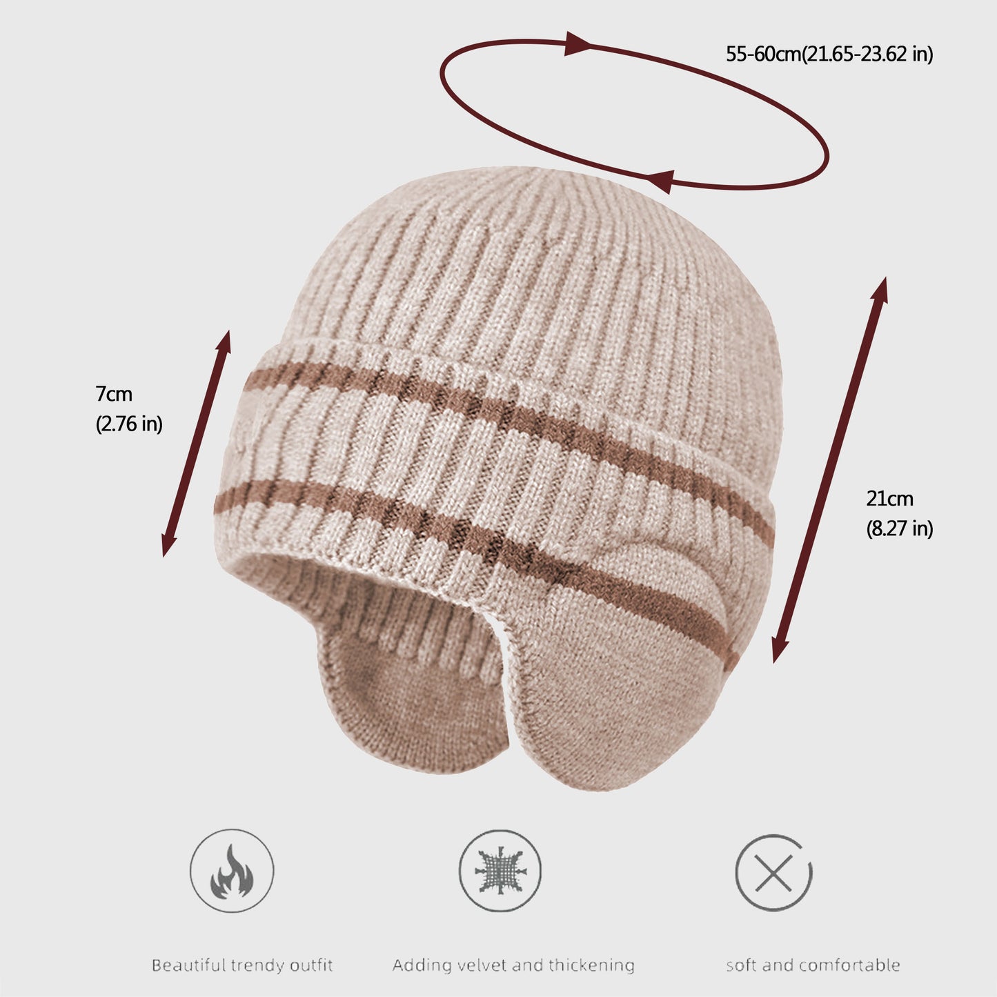 Striped Knit Beanie with Ear Flaps - Winter Warm Hat