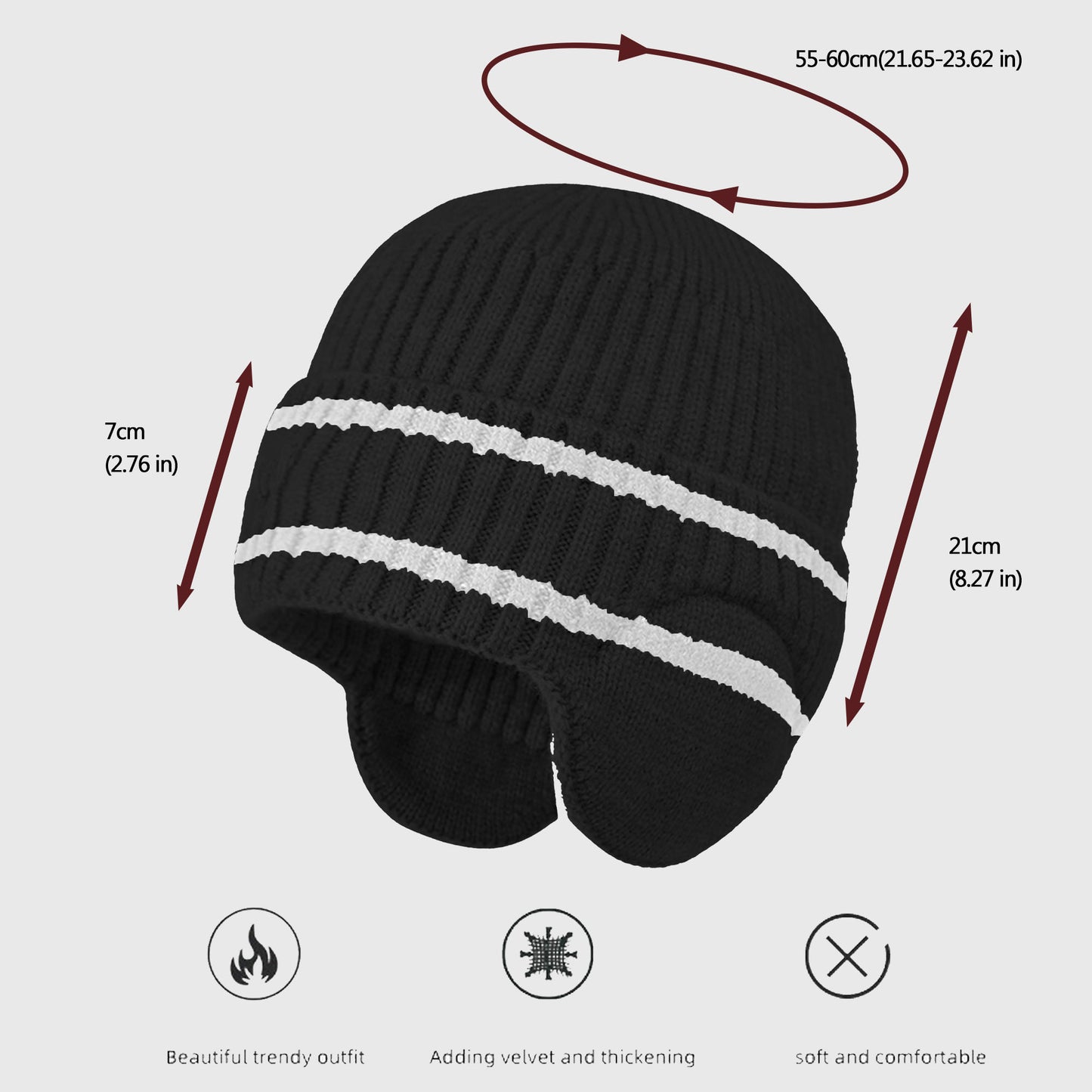 Striped Knit Beanie with Ear Flaps - Winter Warm Hat