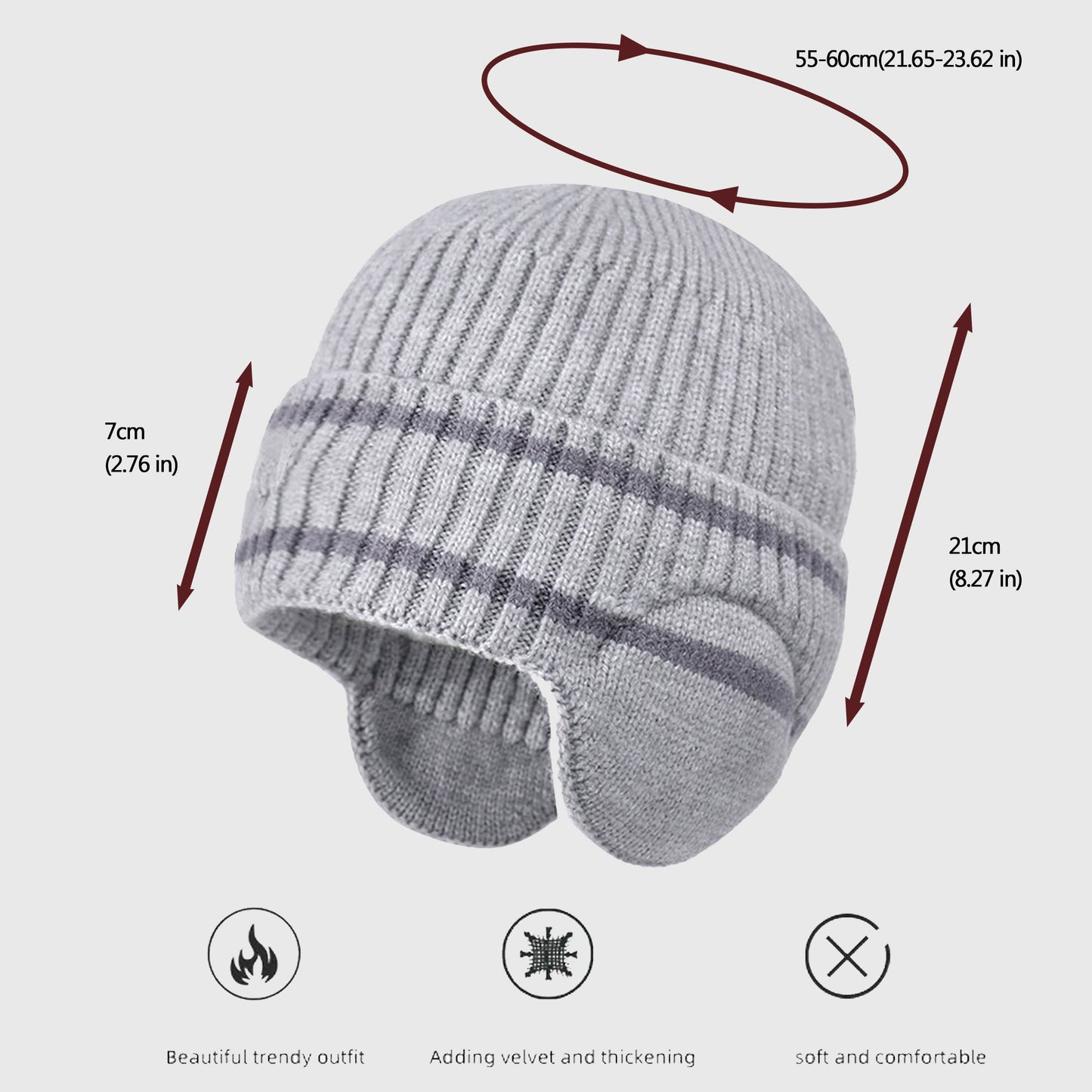 Striped Knit Beanie with Ear Flaps - Winter Warm Hat