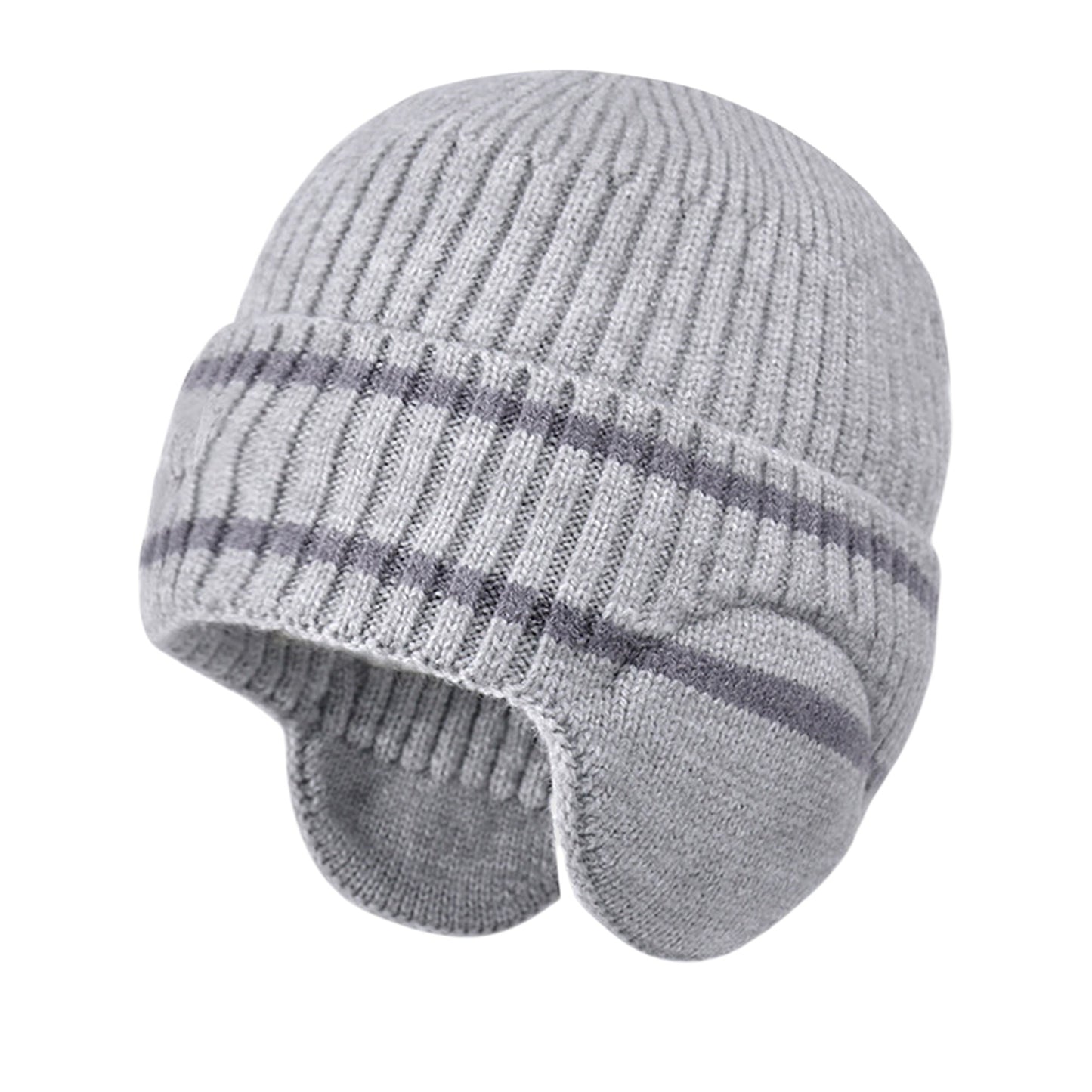 Striped Knit Beanie with Ear Flaps - Winter Warm Hat