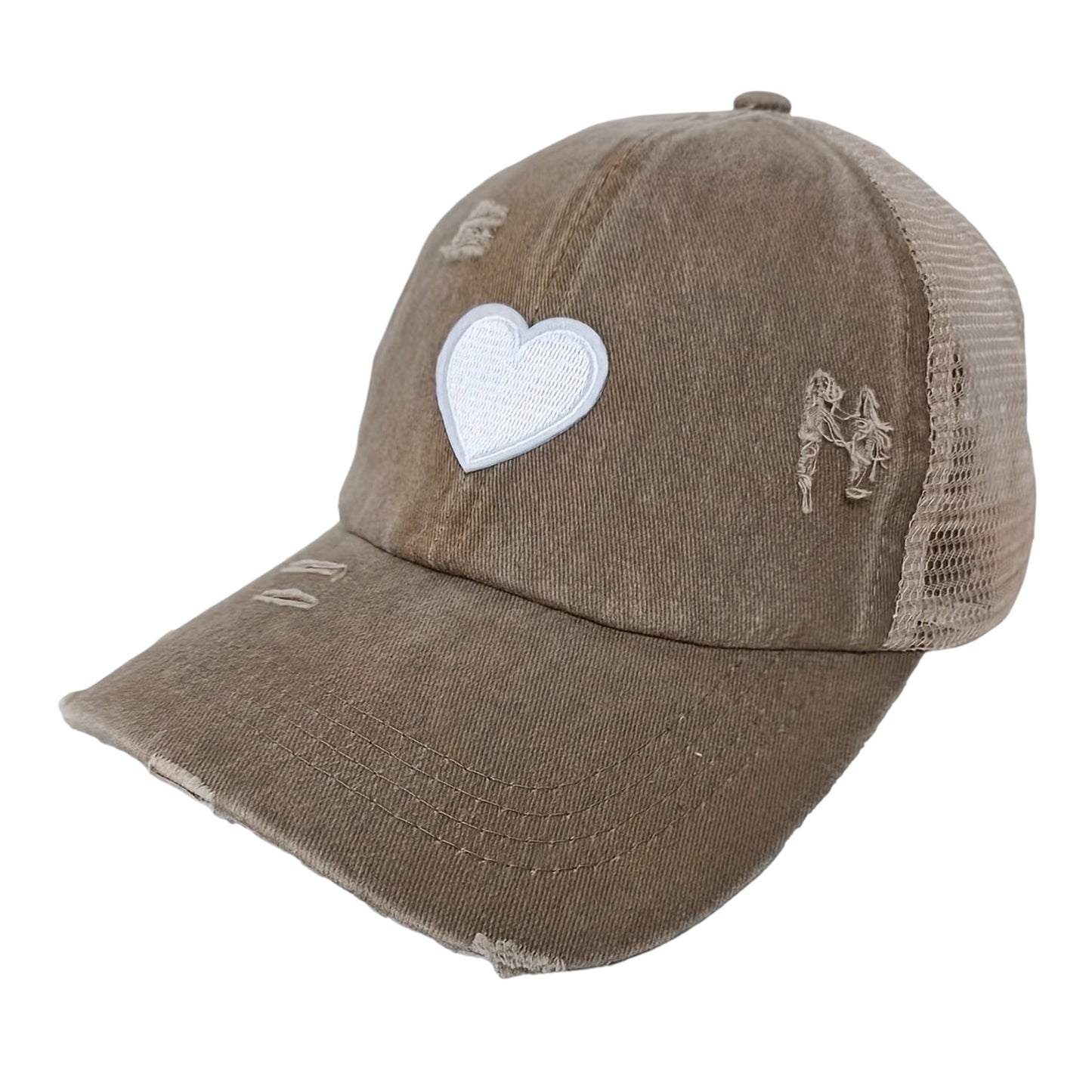 Distressed Trucker Hat with White Heart Patch