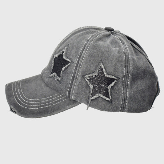 Distressed Baseball Cap with Glitter Star Patches