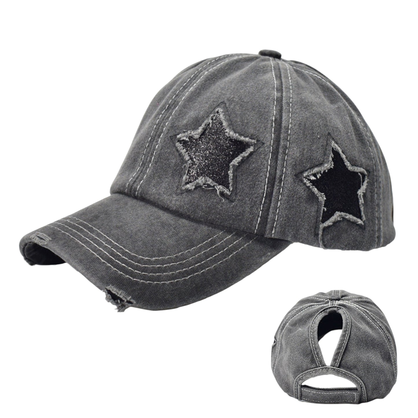 Distressed Baseball Cap with Glitter Star Patches