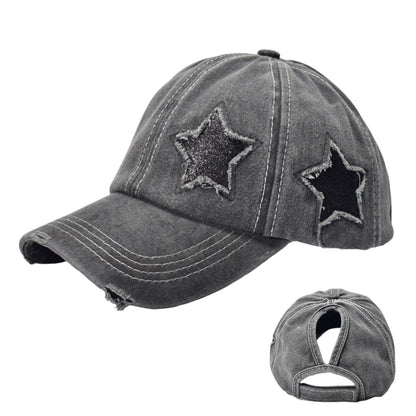 Distressed Baseball Cap with Glitter Star Patches