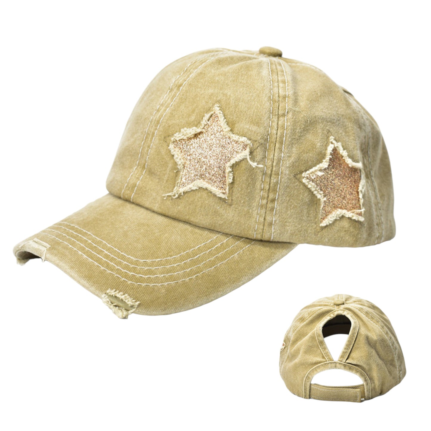 Distressed Baseball Cap with Glitter Star Patches