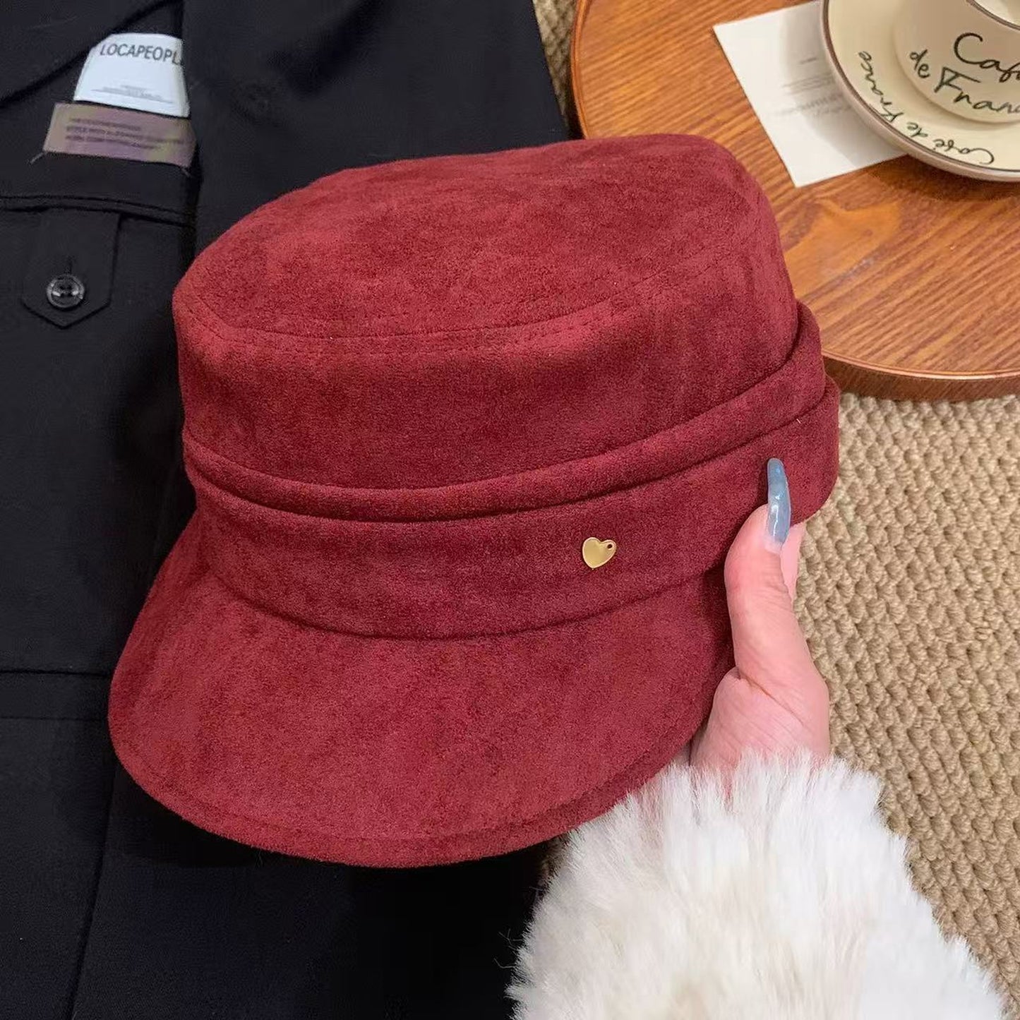 Fleece Military - Style Cap with Heart Accent