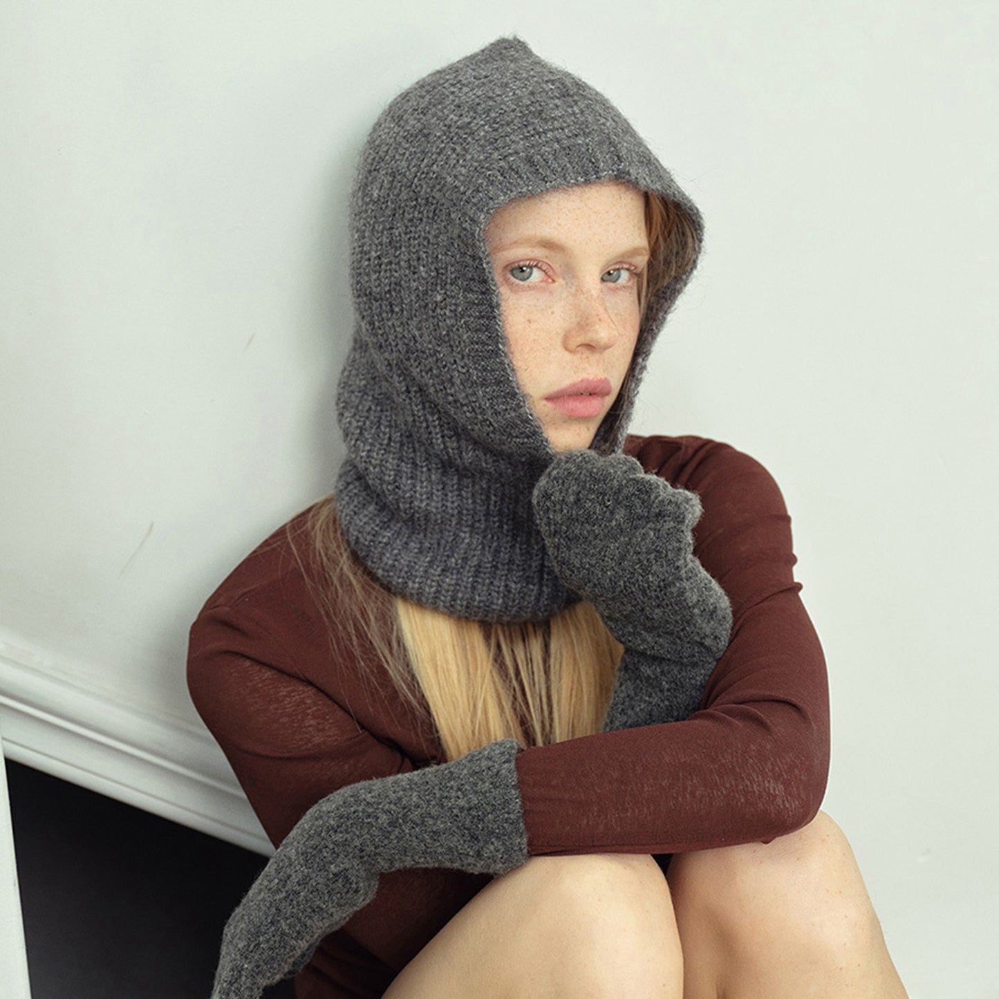 Ribbed Knit Balaclava Hood with Soft Cozy Texture