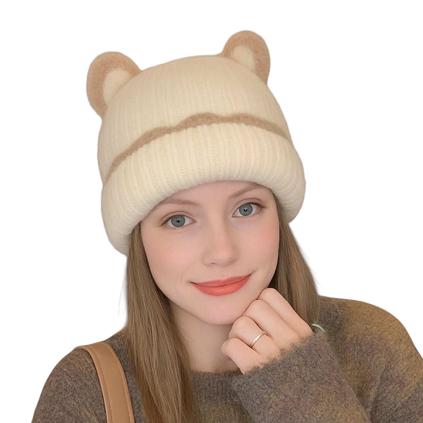 Knit Beanie Hat with Adorable Bear Ears and Soft Ribbed Texture
