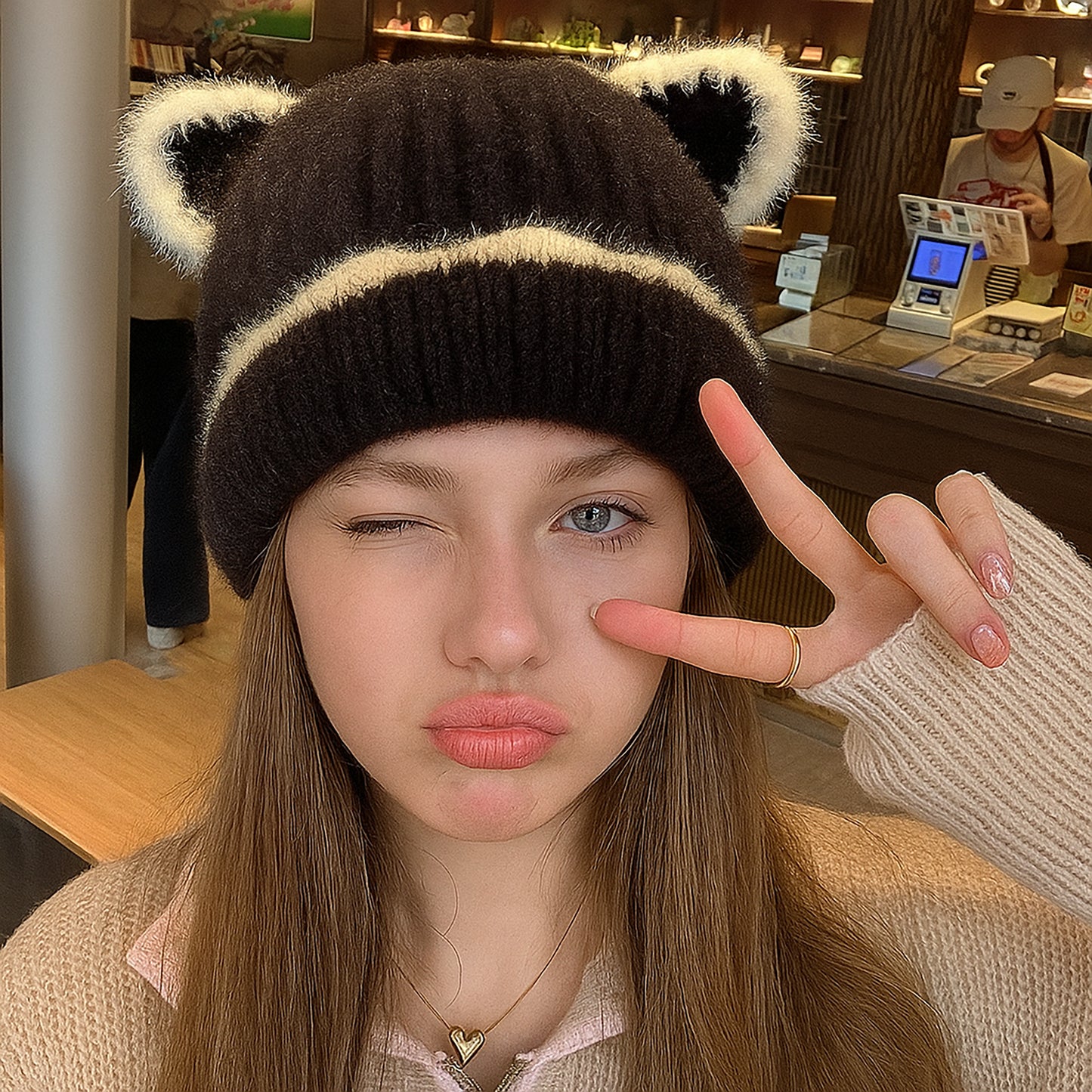 Knit Beanie Hat with Adorable Bear Ears and Soft Ribbed Texture