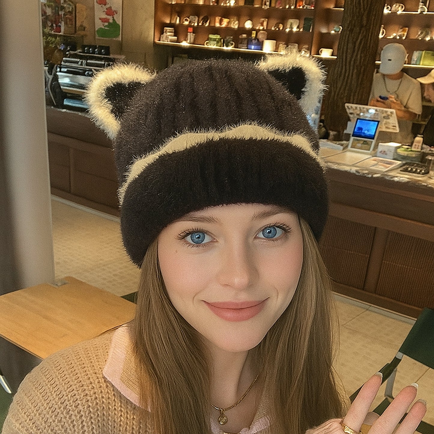 Knit Beanie Hat with Adorable Bear Ears and Soft Ribbed Texture