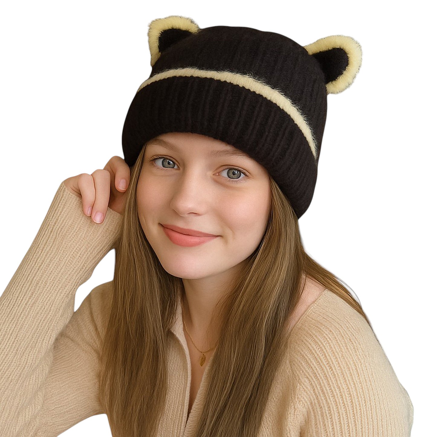 Knit Beanie Hat with Adorable Bear Ears and Soft Ribbed Texture