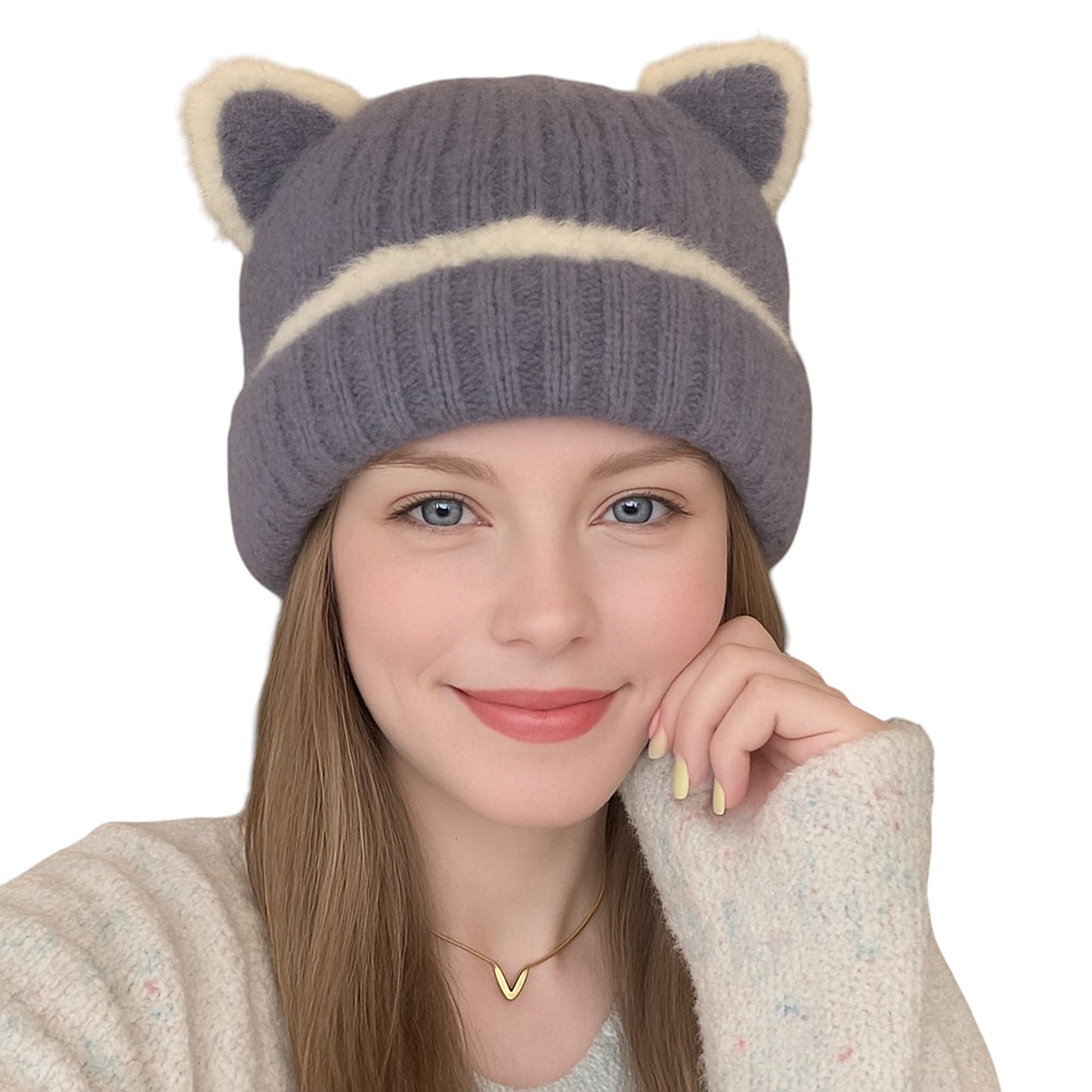 Knit Beanie Hat with Adorable Bear Ears and Soft Ribbed Texture