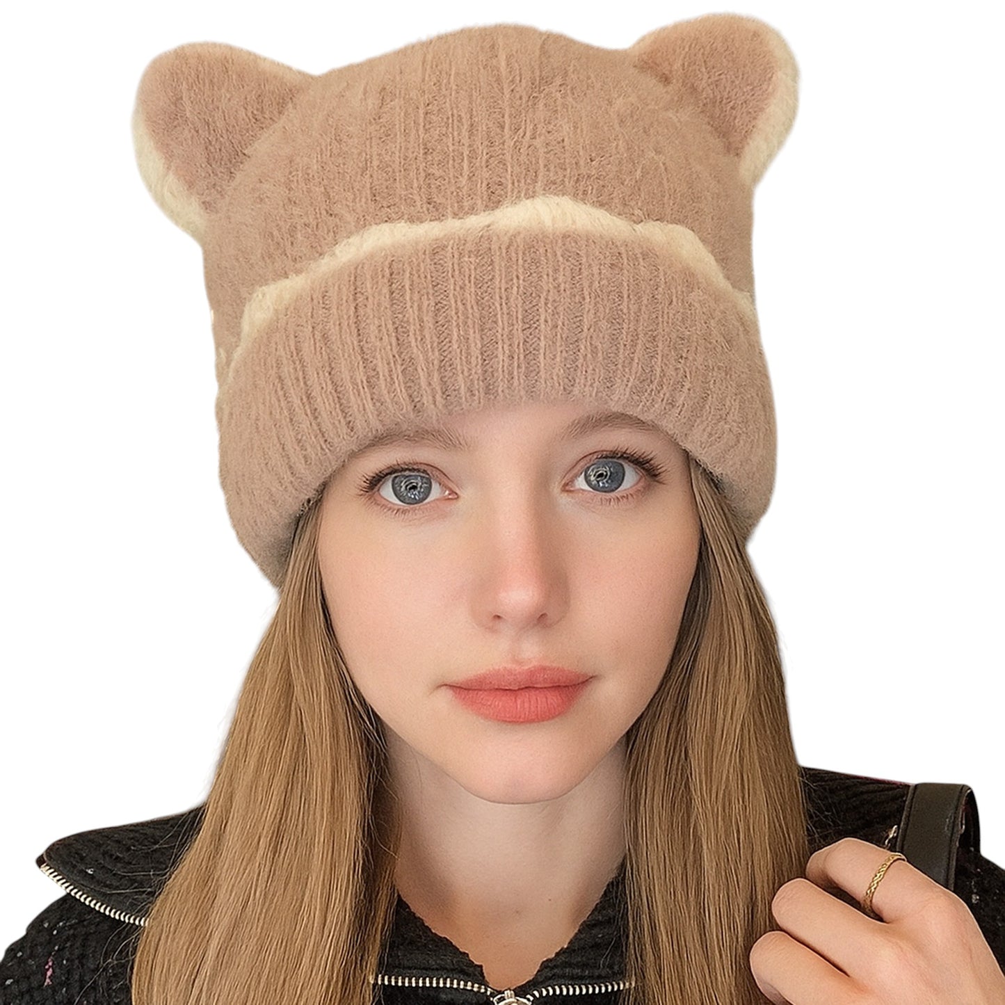 Knit Beanie Hat with Adorable Bear Ears and Soft Ribbed Texture