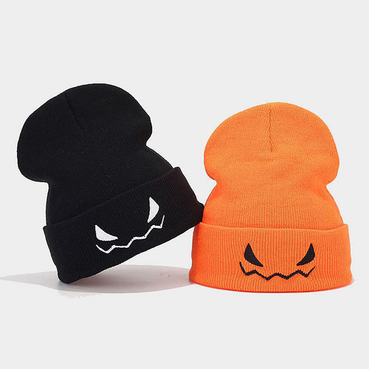 Knit Beanie Hat with Pumpkin Face Embroidery Halloween Themed Design