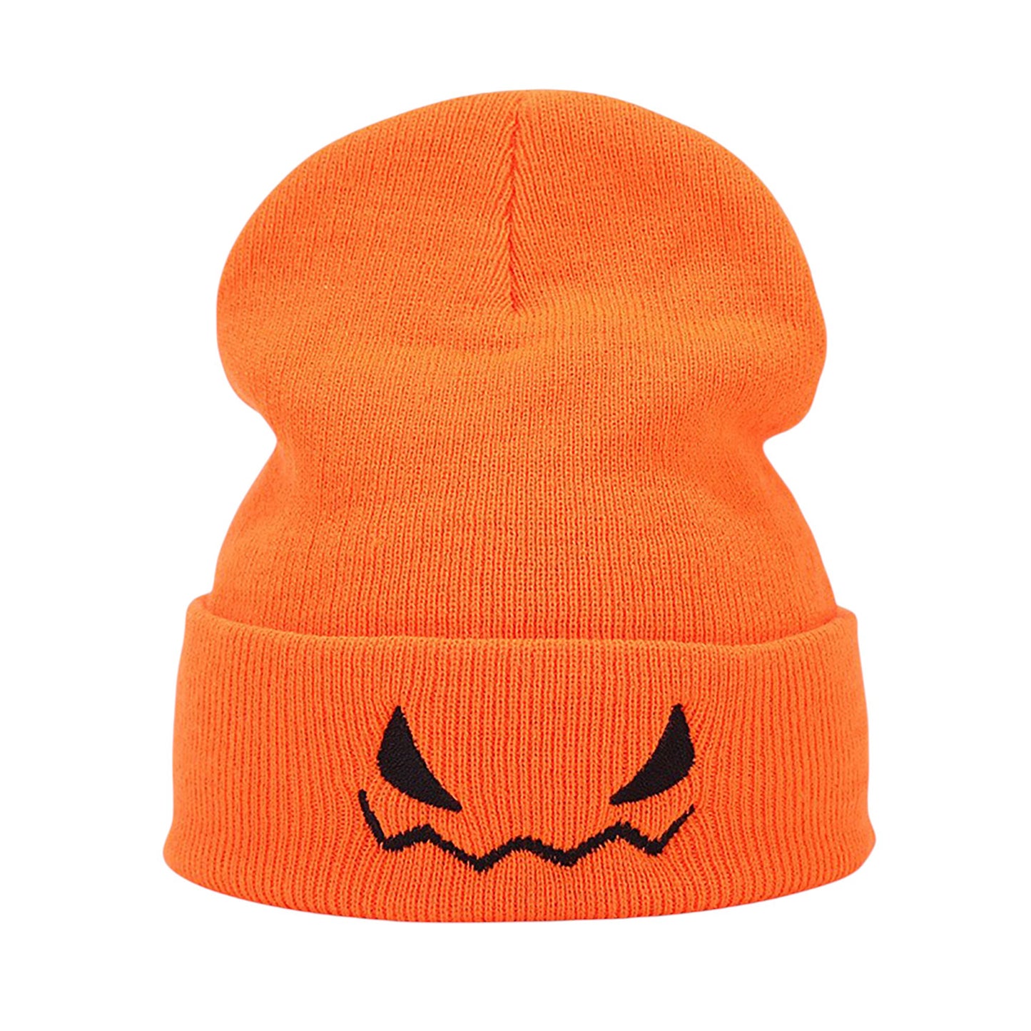 Knit Beanie Hat with Pumpkin Face Embroidery Halloween Themed Design