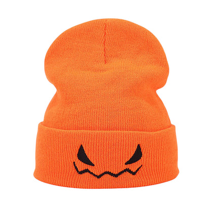 Knit Beanie Hat with Pumpkin Face Embroidery Halloween Themed Design
