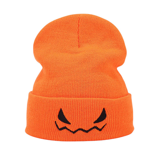 Knit Beanie Hat with Pumpkin Face Embroidery Halloween Themed Design