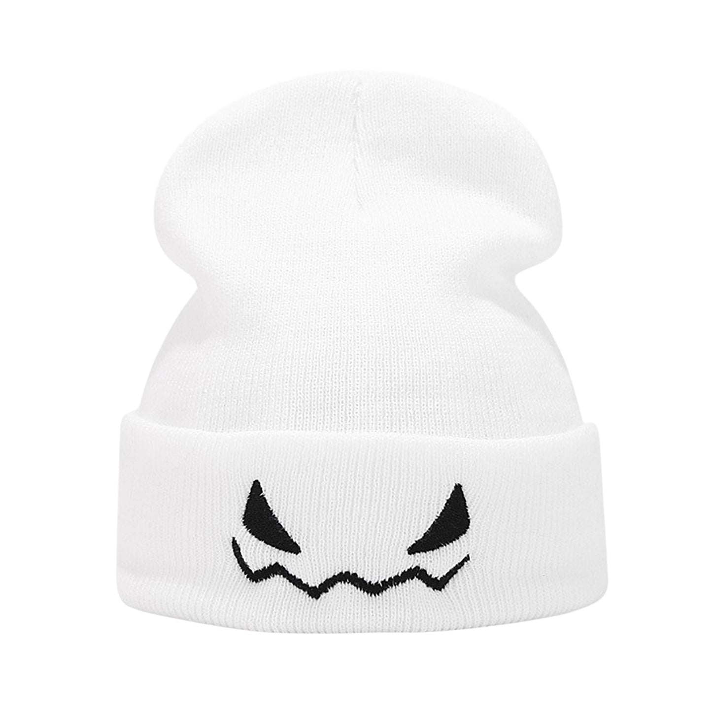 Knit Beanie Hat with Pumpkin Face Embroidery Halloween Themed Design