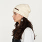 Knit Beanie Hat with Faux Leather Buckle Detail and Folded Edge